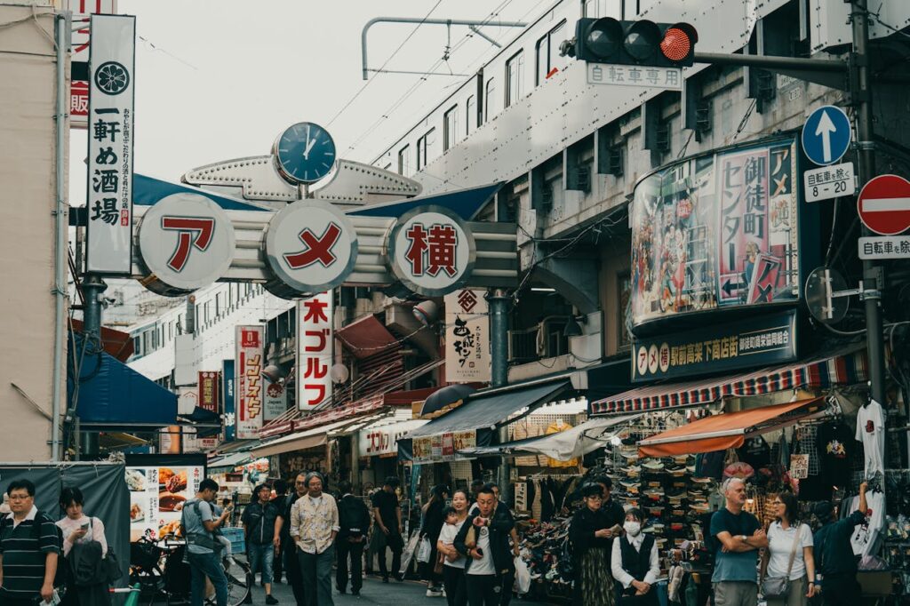 5 Best Asian Countries to Visit With Toddlers (Ranked) 5 Crowded shopping street under a railway track in Tokyo’s Ameyoko Market with Japanese signboards, pedestrians, and local street stalls.