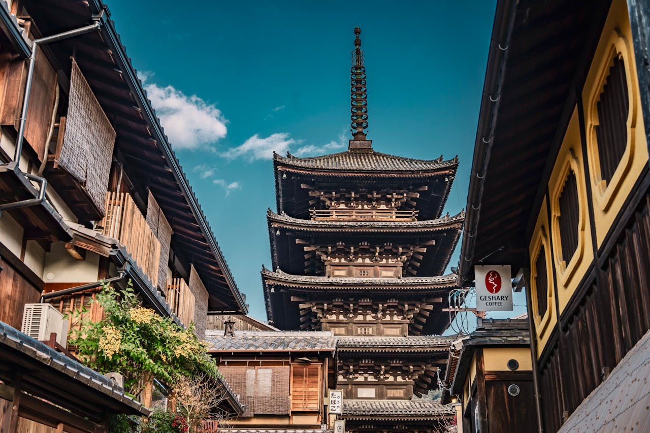 Traditional streets and Yasaka Pagoda in Kyoto, Japan, surrounded by historic wooden buildings