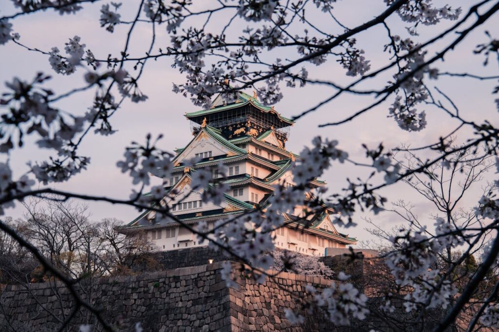 Osaka Castle surrounded by cherry blossoms during spring, with soft pink sakura flowers framing the historic castle against the evening sky.