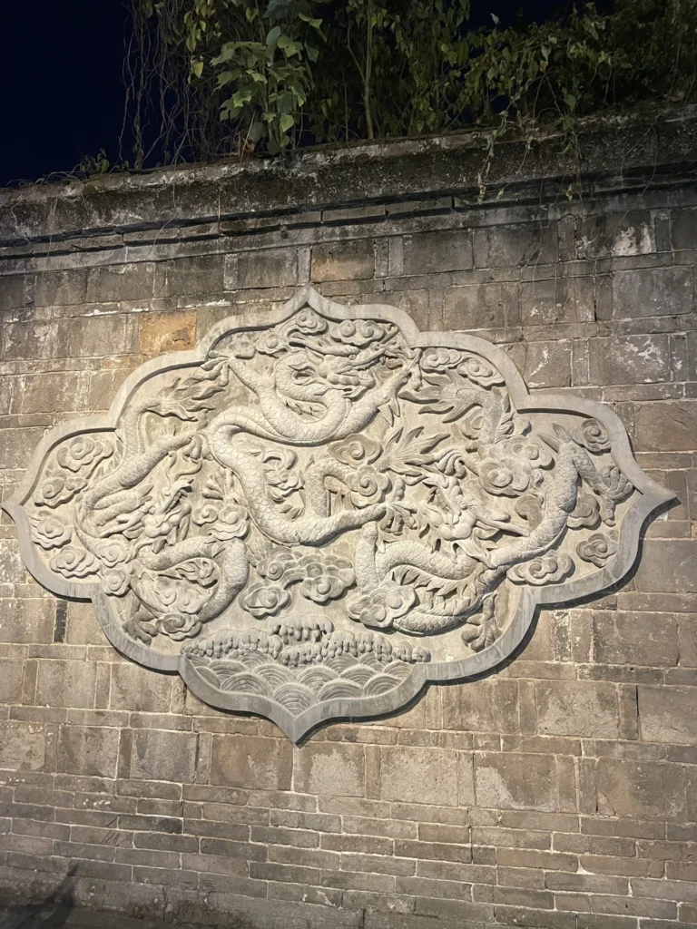 Qingyan Ancient Town Guide: Food, Night Views & Where to Stay 16 Stone dragon wall carving illuminated at night in Qingyan Ancient Town.
