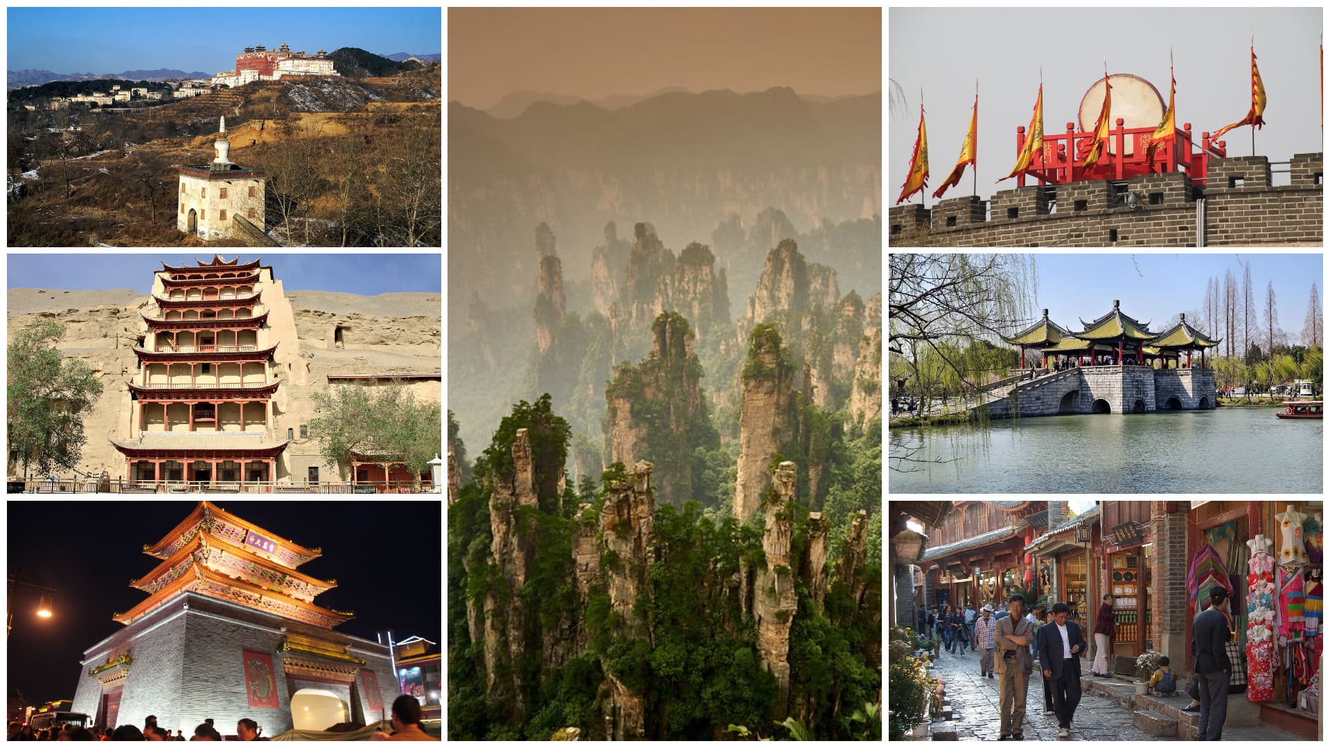Collage of underrated destinations in China including Zhangjiajie, Dunhuang, Lijiang, Yangzhou, Kaifeng, Chengde, and Qufu