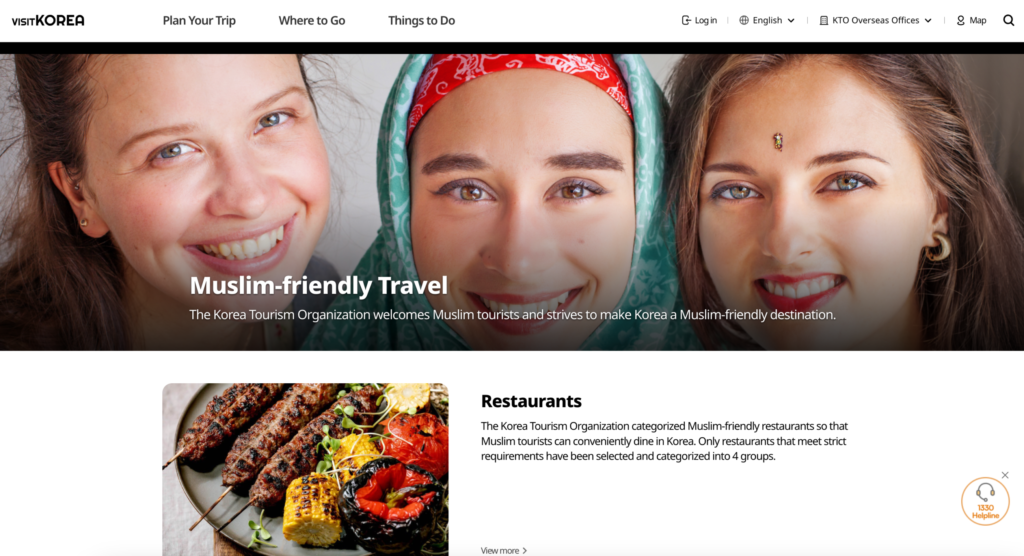 Korea Tourism Organization Muslim-friendly travel page showing halal restaurant categories and travel support information