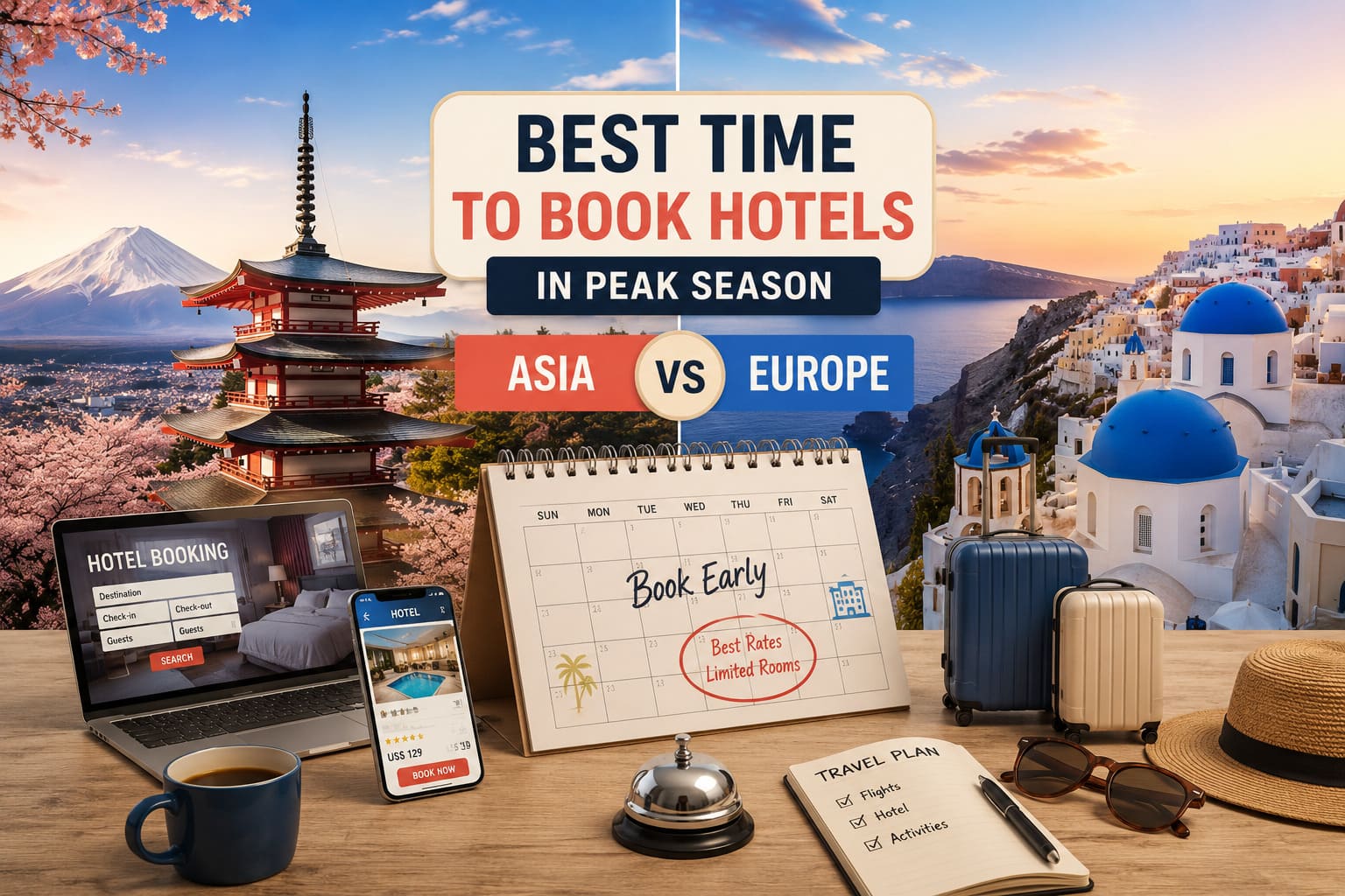 Illustrated comparison of booking hotels during peak travel season in Asia and Europe with travel calendar, luggage, and iconic destinations.