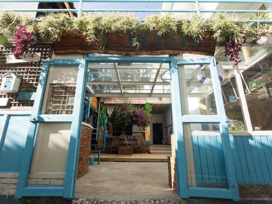 Entrance of Dali No.12 Time International Youth Hostel featuring colorful décor, outdoor greenery, and a welcoming courtyard atmosphere in Dali, Yunnan
