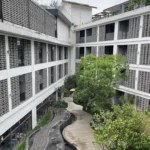 Courtyard garden and modern architecture at Yangshuo Percent Hotel in Yangshuo, China