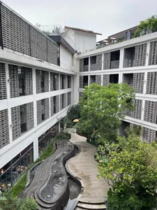 Courtyard garden and modern architecture at Yangshuo Percent Hotel in Yangshuo, China