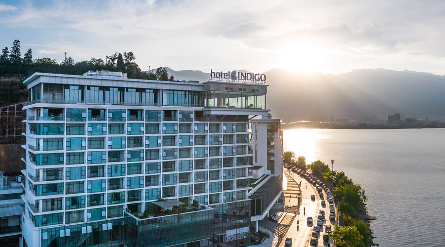Hotel Indigo Dali Erhai overlooking Erhai Lake at sunset with Cangshan Mountains in the background, Dali, Yunnan