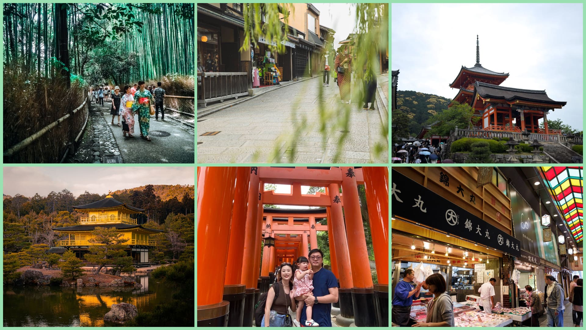 Collage of Kyoto highlights in one day: Arashiyama Bamboo Grove, Gion district streets, Kiyomizudera Temple, Kinkaku-ji Golden Pavilion, Fushimi Inari torii gates, and Nishiki Market