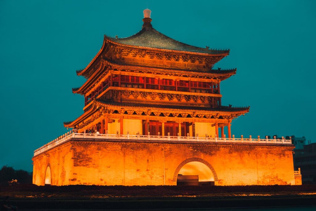 Illuminated ancient Xi'an Bell Tower at night with traditional Chinese architecture glowing against a deep blue evening sky.