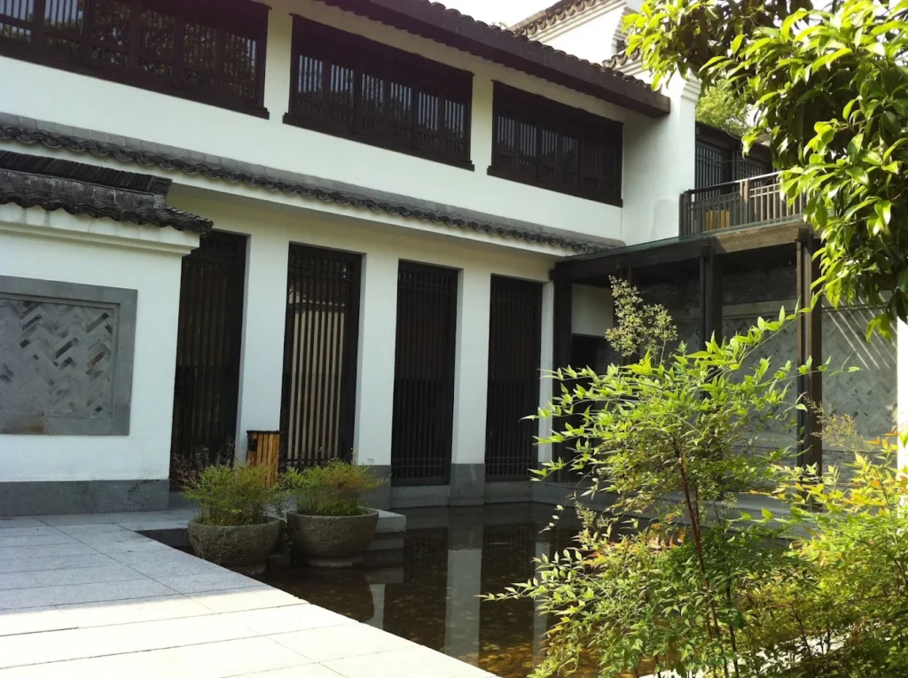 Courtyard and traditional Chinese architecture at Amanfayun luxury resort in Hangzhou
