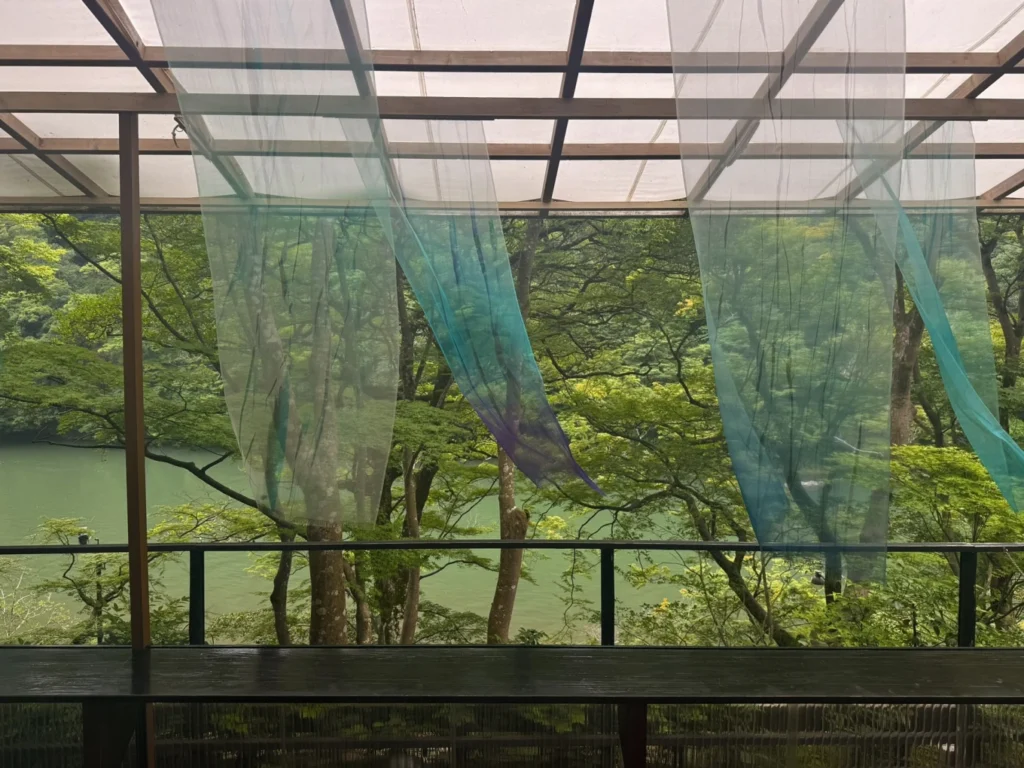 Hand-dyed silk banners hanging above the moss garden at Arashiyama Yusai-tei