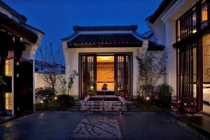 Private villa courtyard at Banyan Tree Hangzhou near Xixi National Wetland Park