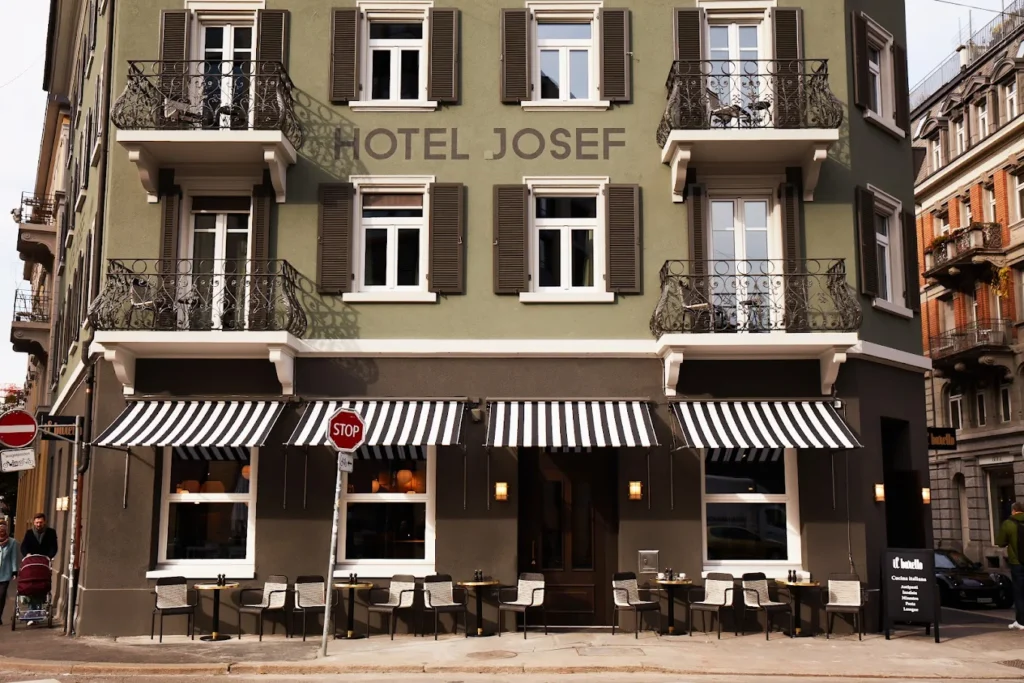 Exterior view of Boutique Hotel Josef in Zurich, a stylish boutique hotel featuring elegant architecture and modern accommodations near Zurich Main Station.