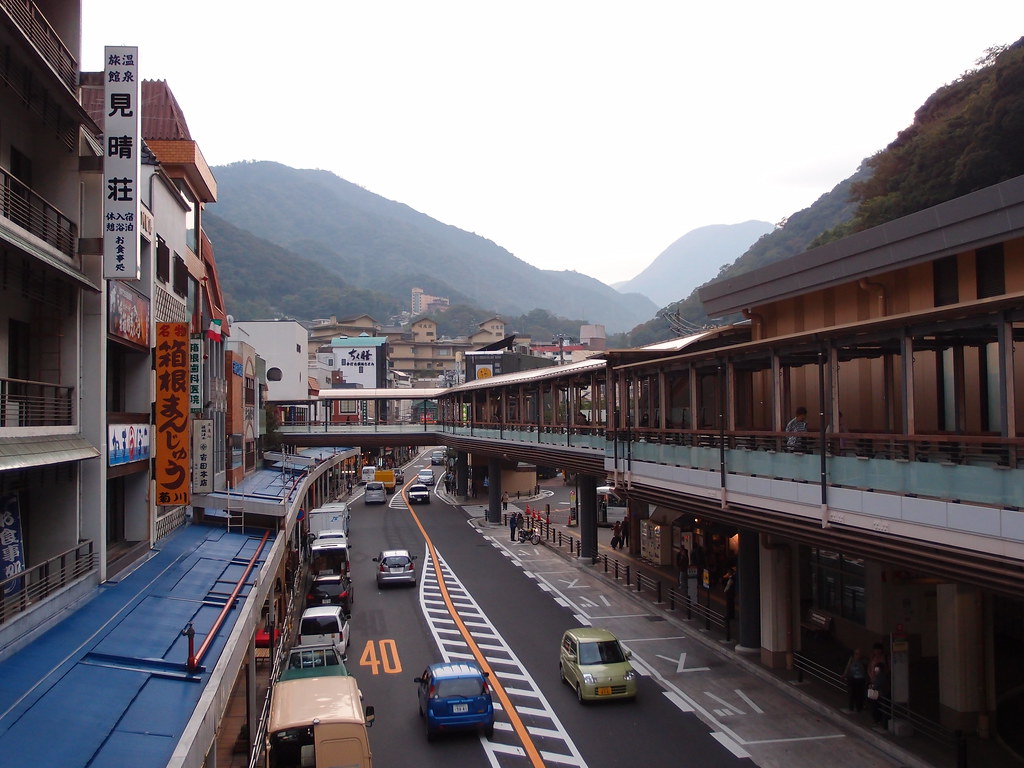 Hakone-Yumoto Station area with shops, hotels, and mountain views, making it the most convenient base for first-time visitors to Hakone.