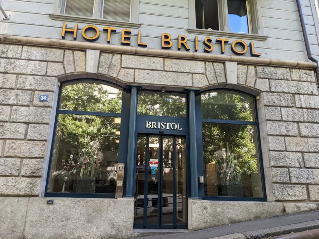 Front entrance of Hotel Bristol Zurich, a budget-friendly hotel near Zurich Main Station offering comfortable family accommodation within walking distance of Old Town.