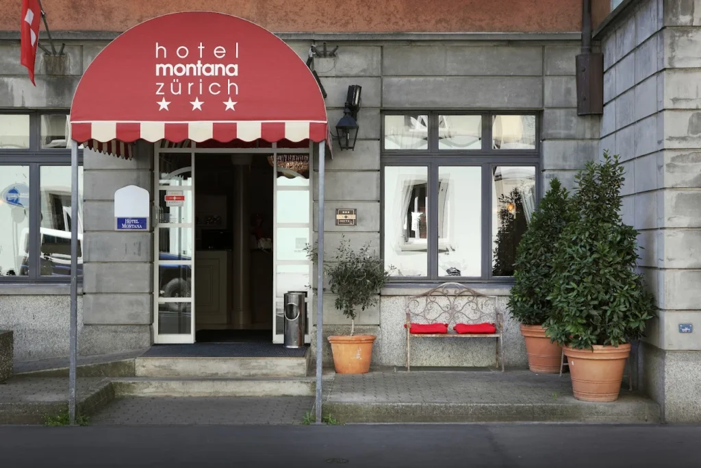 Front entrance of Hotel Montana Zürich, a budget-friendly hotel near Zurich Main Station offering comfortable family accommodation with convenient access to public transport.