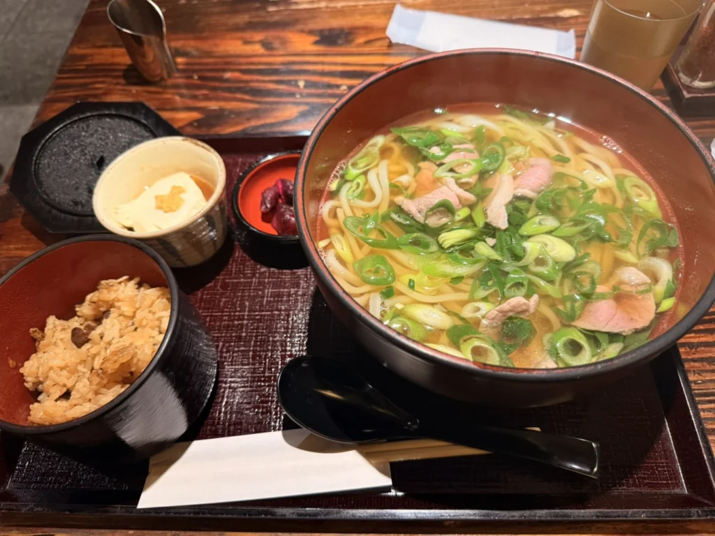7-Day Osaka, Kyoto and Kobe Itinerary: Food, Shopping and Summer Sights 32 Udon noodle lunch set with sliced meat, green onions, seasoned rice, tofu and pickles in Arashiyama, Kyoto.
