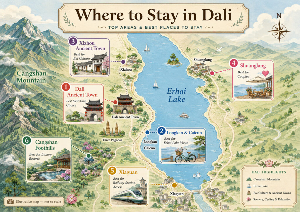 Where to Stay in Dali: 6 Best Areas & Hotels 5 Illustrated map of the best areas to stay in Dali, showing Dali Ancient Town, Longkan, Caicun, Xizhou, Shuanglang, Xiaguan and the Cangshan foothills around Erhai Lake.
