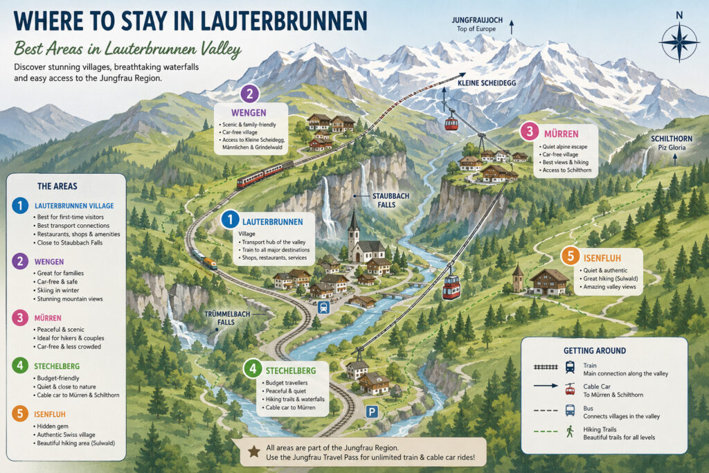 Illustrated map of Lauterbrunnen Valley highlighting the best areas to stay, including Lauterbrunnen Village, Wengen, Mürren, Stechelberg, and Isenfluh, with major attractions, train routes, cable cars, and hiking trails.