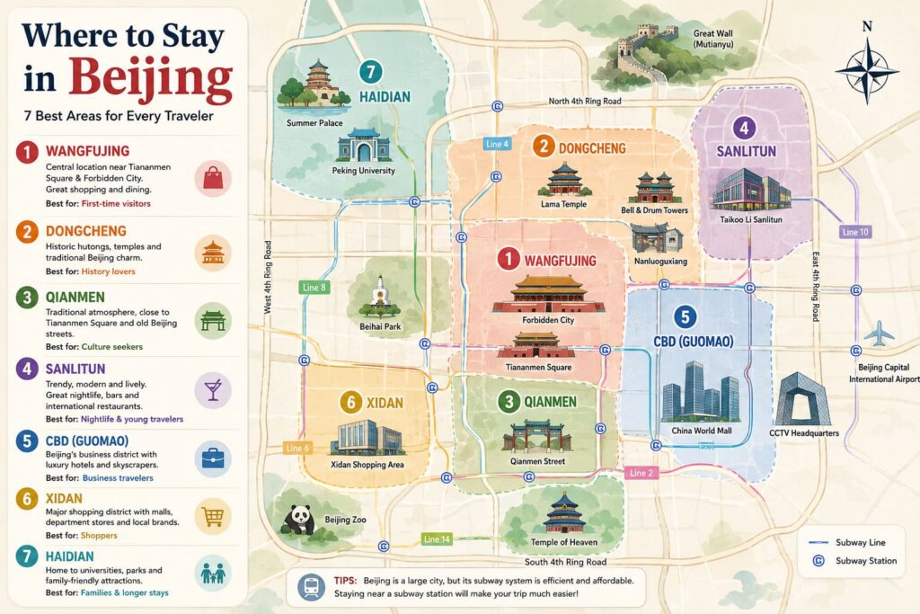 Illustrated map showing the best areas to stay in Beijing, including Wangfujing, Dongcheng, Qianmen, Sanlitun, CBD (Guomao), Xidan, and Haidian, with major landmarks and recommended neighborhoods for different types of travelers.