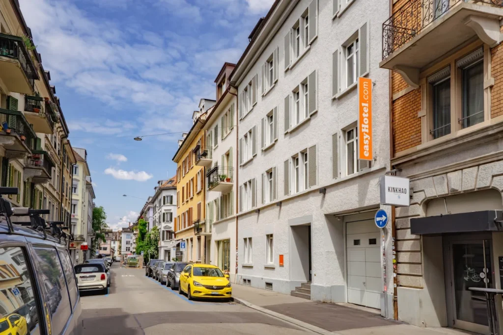 Exterior view of easyHotel Zurich City Centre, an affordable budget hotel located in central Zurich within walking distance of shops, restaurants, and public transport.