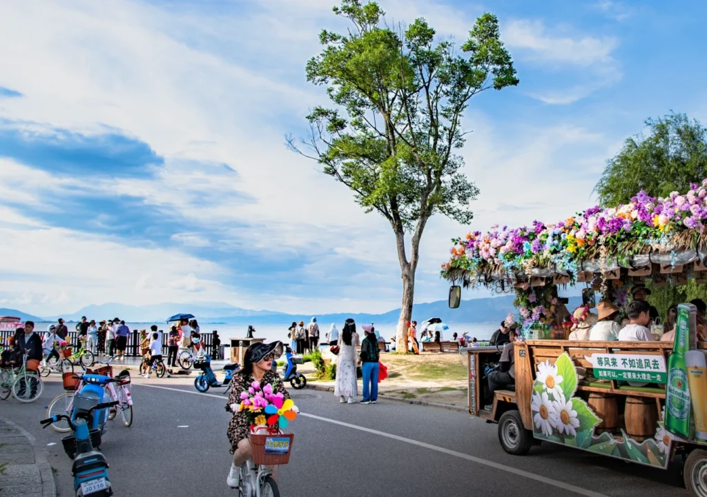 Where to Stay in Dali: 6 Best Areas & Hotels 9 Visitors cycling and walking along the waterfront beside Erhai Lake in Dali, with mountains visible across the water.