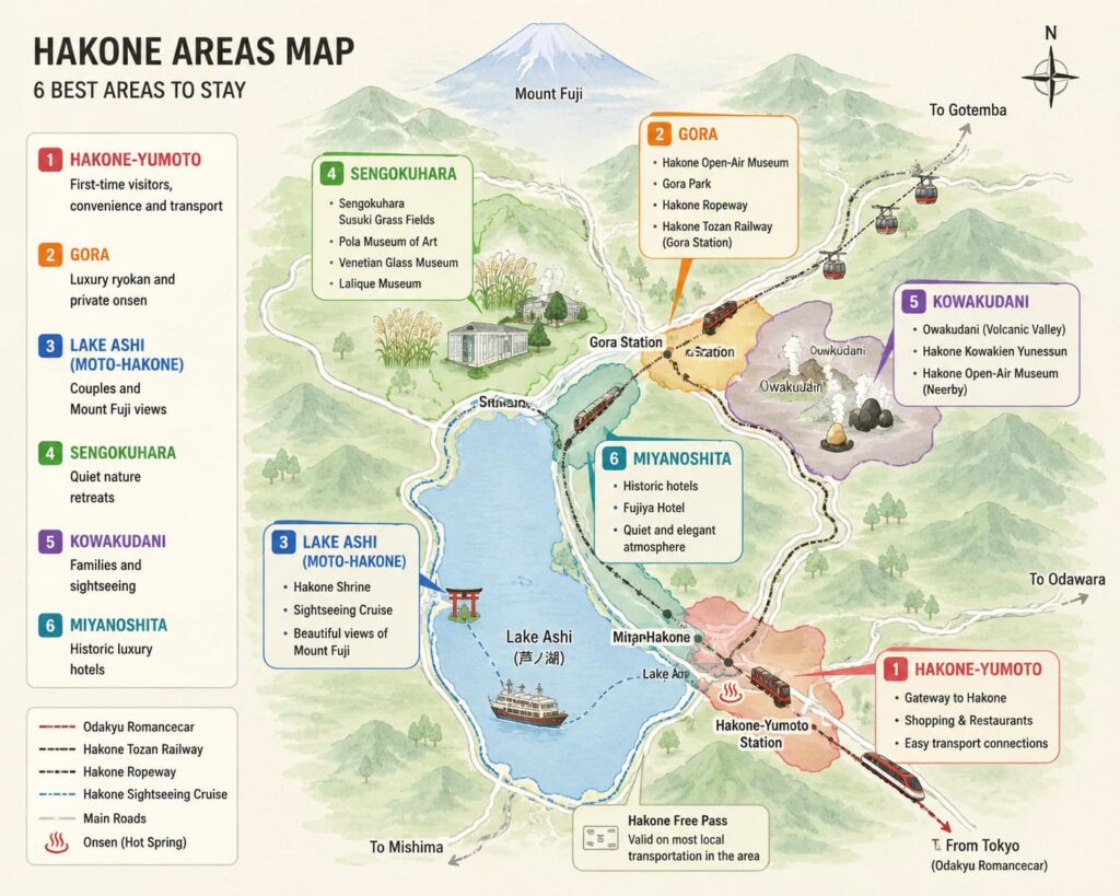 Illustrated map of the best areas to stay in Hakone, showing Hakone-Yumoto, Gora, Lake Ashi, Sengokuhara, Kowakudani, and Miyanoshita with major attractions and transport routes.