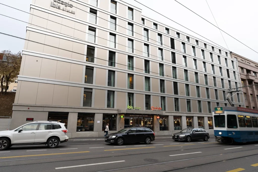 Exterior view of ibis Styles Zurich City Center, a modern family-friendly hotel in central Zurich with spacious rooms and convenient tram access to major attractions.