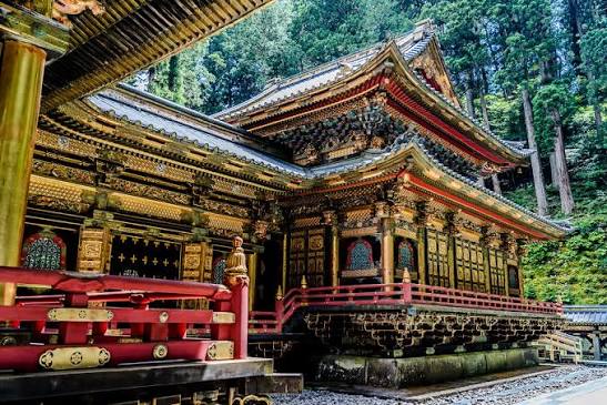 Ornately decorated buildings at Toshogu Shrine in Nikko, Japan, showcasing intricate carvings, gold leaf details, and traditional Edo-period architecture surrounded by towering cedar trees.