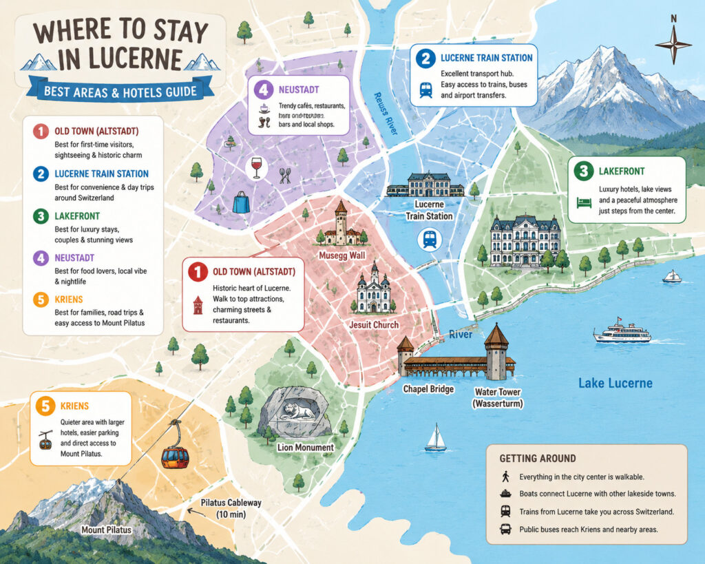 Illustrated map showing the best areas to stay in Lucerne, including Old Town (Altstadt), Lucerne Train Station, Lakefront, Neustadt, and Kriens, with key attractions such as Chapel Bridge, the Water Tower, Lion Monument, Musegg Wall, Jesuit Church, Lake Lucerne, and Mount Pilatus.
