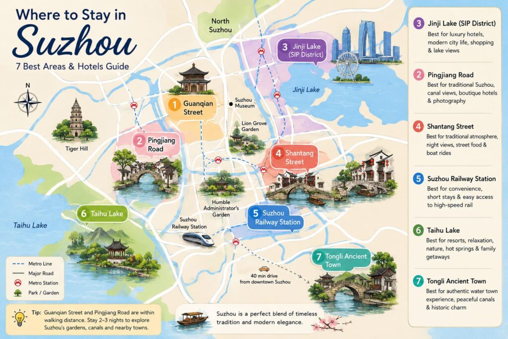 Illustrated map of Suzhou highlighting the seven best areas to stay, including Guanqian Street, Pingjiang Road, Jinji Lake, Shantang Street, Suzhou Railway Station, Taihu Lake, and Tongli Ancient Town, with major attractions and transport connections.