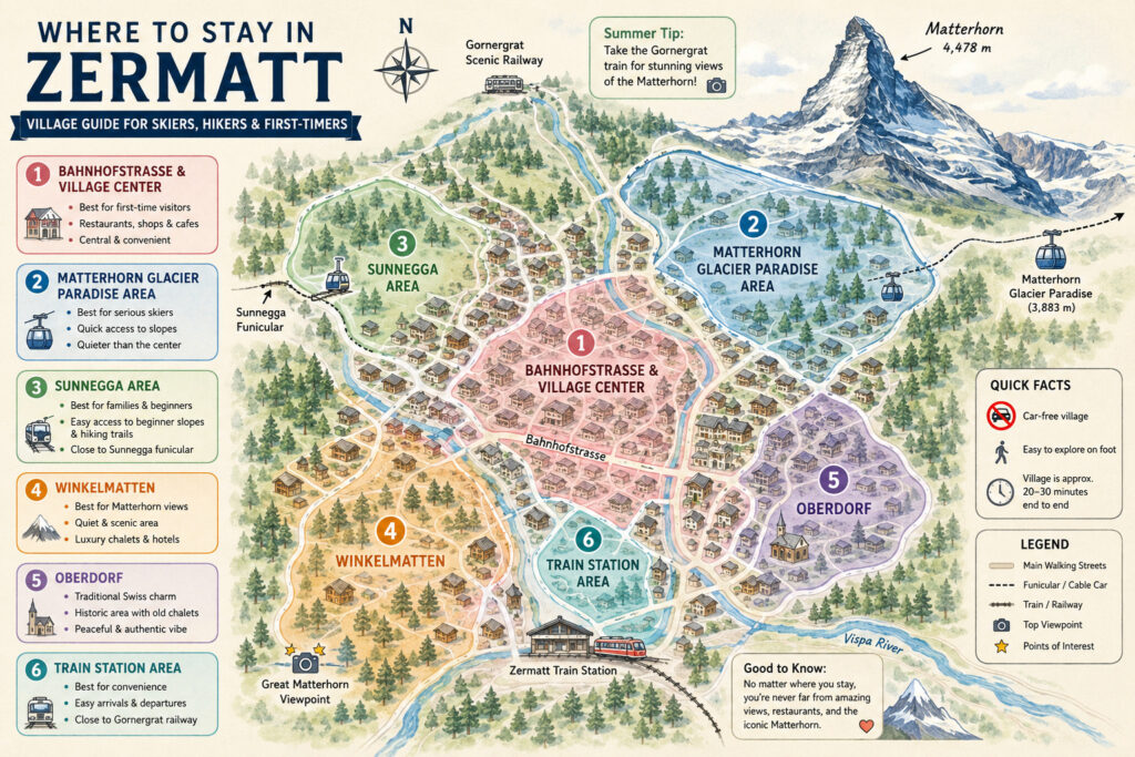 Map of the best areas to stay in Zermatt, including Bahnhofstrasse, Sunnegga, Winkelmatten, Oberdorf, Matterhorn Express and Zermatt train station