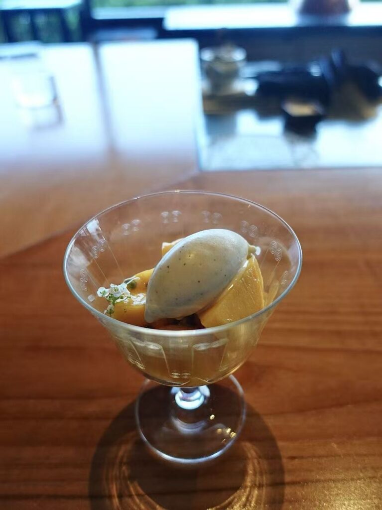 The Best Sunset View in Kyoto? Yasaka at Park Hyatt Kyoto Review 17 Miyazaki mango dessert with vanilla ice cream and passionfruit at Yasaka Kyoto