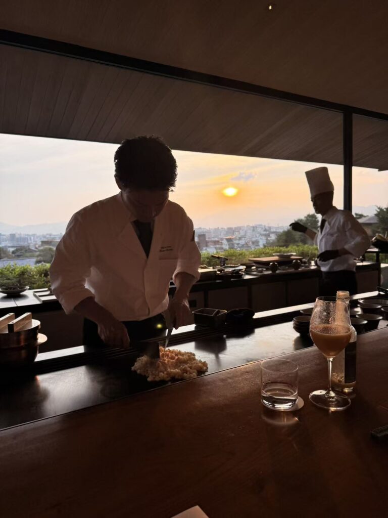The Best Sunset View in Kyoto? Yasaka at Park Hyatt Kyoto Review 9 Chef Kentaro Koyama cooking teppanyaki during sunset at Yasaka Kyoto