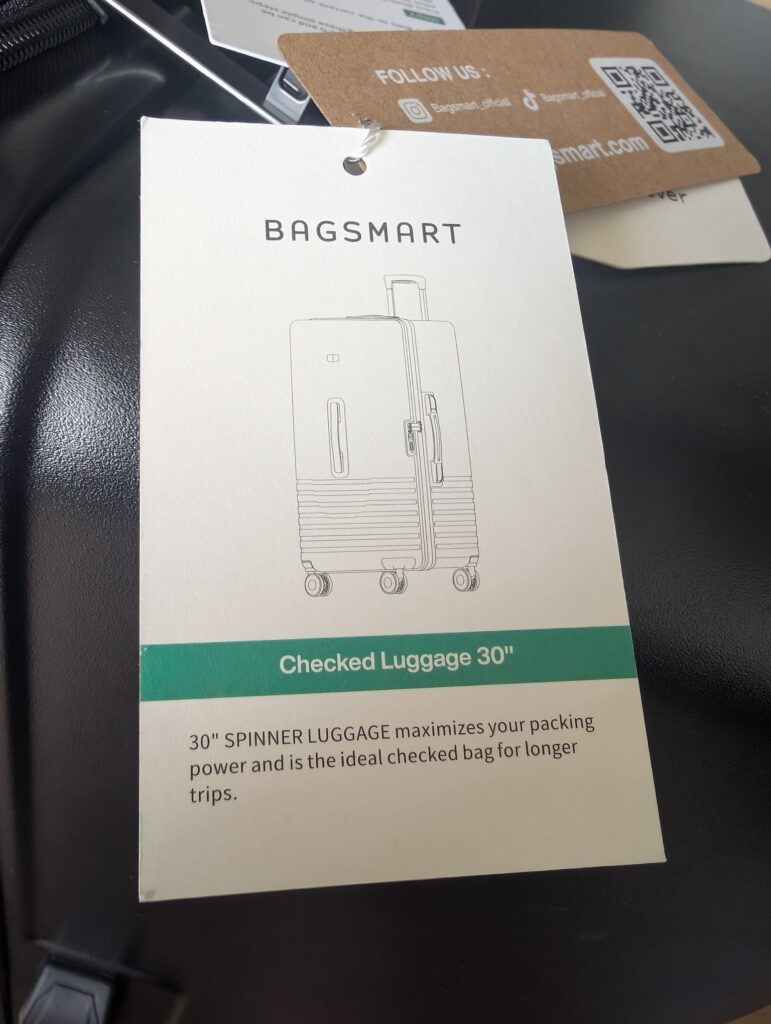 Bagsmart Getaway 30 Trunk Review: A Hands-On First Look at This 96L Checked Luggage 7 Bagsmart Getaway 30 Trunk product tag identifying 30-inch checked luggage