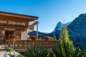 Hotel Alpenruh terrace with mountain views in Mürren, Switzerland