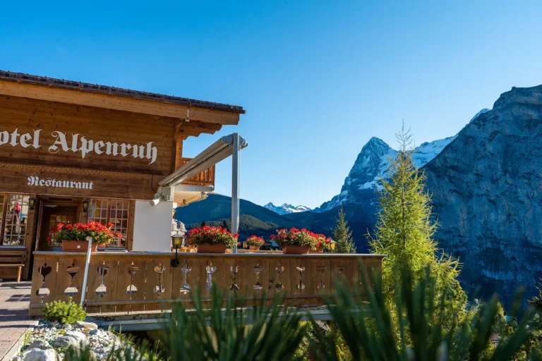 Hotel Alpenruh terrace with mountain views in Mürren, Switzerland
