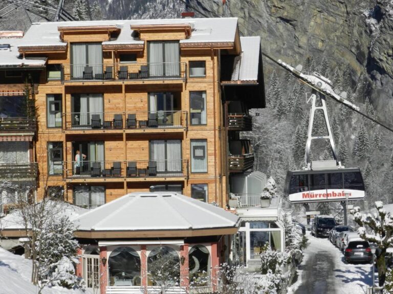 Hotel Silberhorn beside the Mürrenbahn cable car in snowy Lauterbrunnen