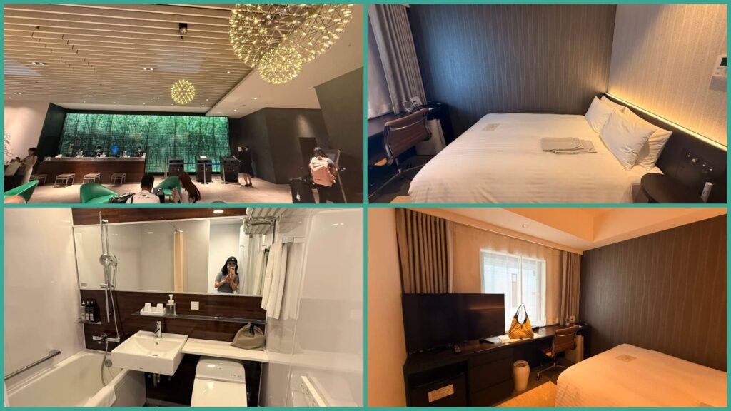 Hotel Vischio Osaka Review: A Modern, Better-Value Stay Near Osaka Station 2 Hotel Vischio Osaka review collage showing the modern lobby, guest room, double bed and bathroom