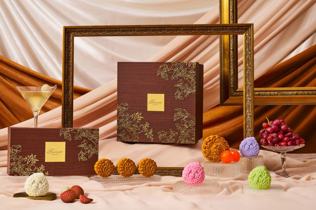 Fairmont Singapore baked and colourful snowskin mooncakes with elegant heritage-style gift boxes for Mid-Autumn Festival 2026
