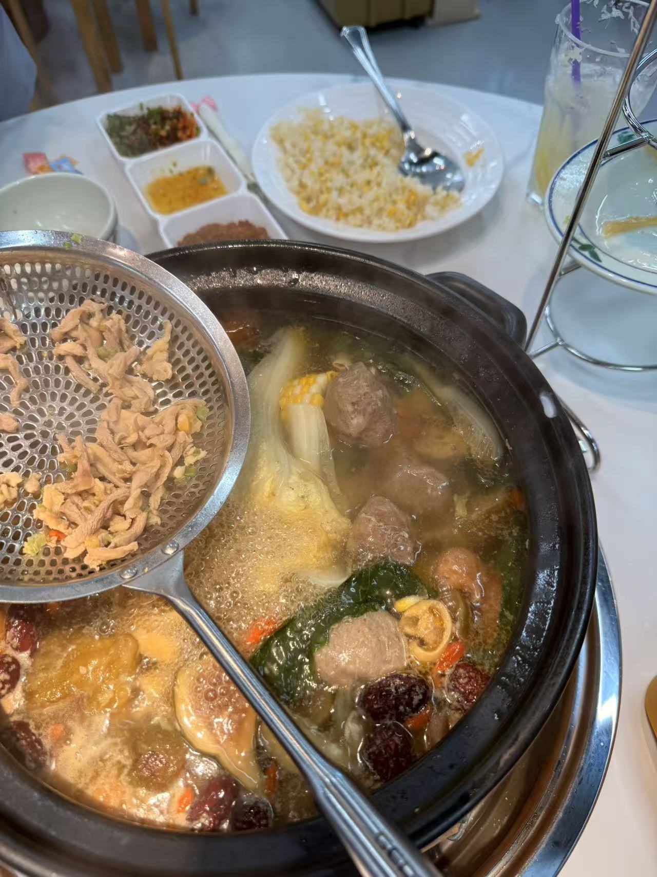 Bubbling fig chicken soup with Chaozhou beef balls, vegetables and red dates at Chao Baba.