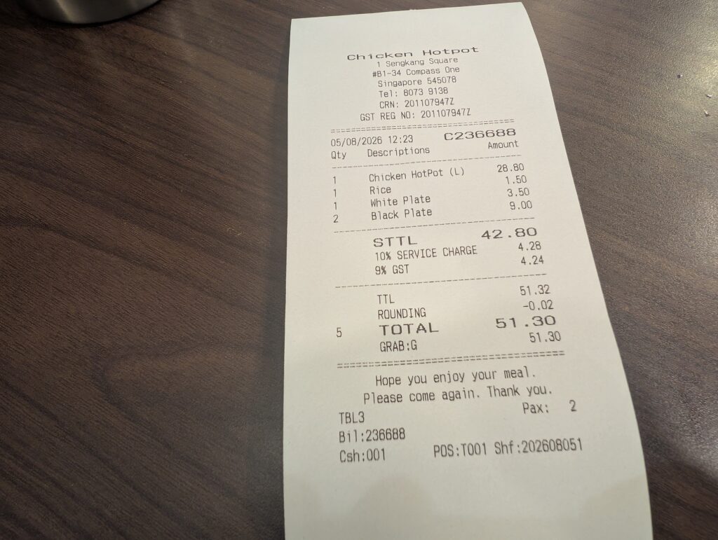 Chicken Hotpot Compass One receipt showing S$51.30 total for two diners