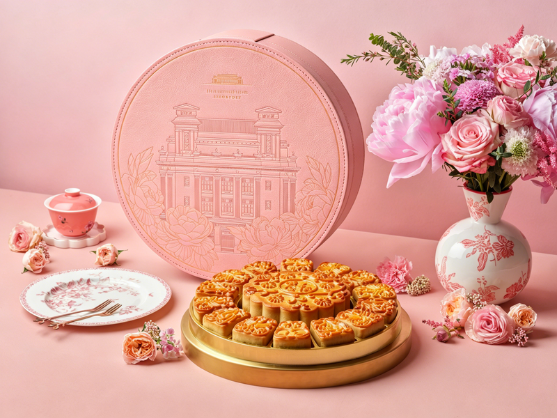 The Fullerton Hotel Singapore mooncakes displayed with a pink heritage-inspired gift box and floral Mid-Autumn Festival setting