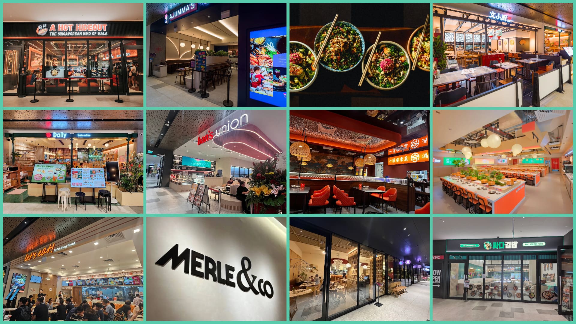 Collage of restaurants and food spots featured in the Lentor Modern food guide, including A Hot Hideout, Ajumma’s, Chef Wen, Daily, Han’s Union, Joylion Buffet Hotpot, MERLE & CO, Omoté and Ssada Gimbab.