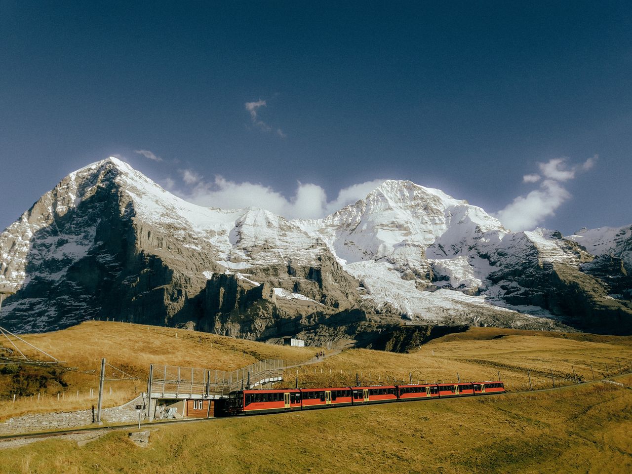 Red Jungfrau Railway train crossing alpine meadows beneath snow-covered peaks in the Swiss Alps